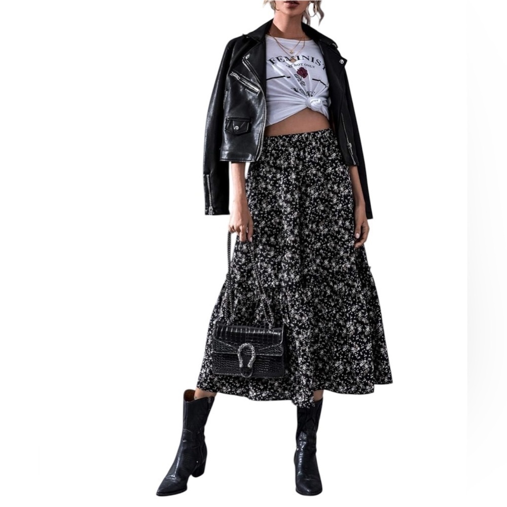 Catch Stitch Floral Print High Waist Frill A Line Flared Long Black Skirt M